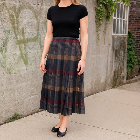 VINTAGE Panther Academia Wool Blend Plaid Wrap Midi Skirt Sz. 9/10 - Picture 1 of 6